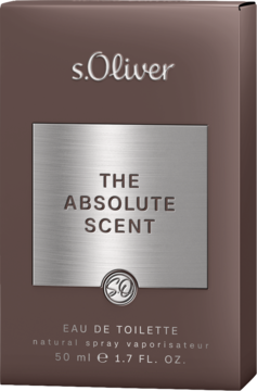 s.Oliver THE ABSOLUTE SCENT 50ml, brązowe pudełko EDT z metaliczną plakietką z napisem, widok z przodu.