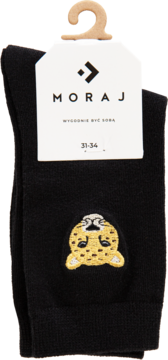 Czarne dziecięce skarpety Moraj, rozmiar 31-34, z haftem wesołego lamparta, widok z przodu.