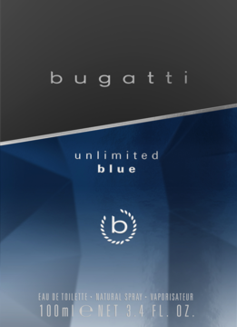 Flakon Bugatti Unlimited Blue Eau de Toilette 100ml, prostokątny, z ciemnoniebieskim gradientem i geometrycznym wzorem, widok z przodu.
