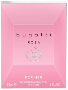 Różowe, prostokątne pudełko perfum Bugatti Rosa For Her, widok z przodu, srebrne logo, 60ml.