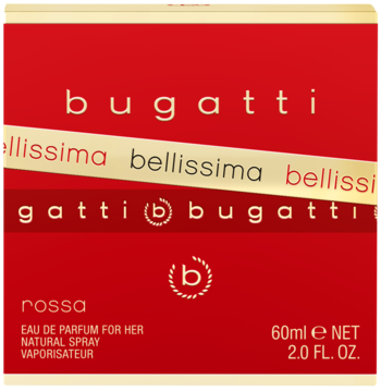 Czerwone pudełko perfum Bugatti Bellissima Rossa Eau de Parfum 60ml, widok z przodu, ze złotym paskiem.