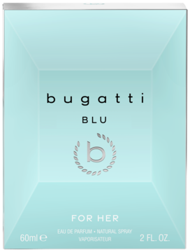 Jasnoniebieskie pudełko perfum Bugatti Blu For Her 60ml EDP o kwiatowo-zielonym zapachu, z srebrnym logo 'b', widok z przodu.