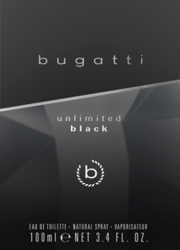 Bugatti Unlimited Black, orientalno-drzewna męska woda toaletowa w czarnym opakowaniu z logo, widok z przodu.