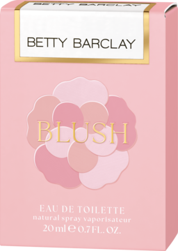Różowa, kartonowa butelka Betty Barclay Blush Eau de Toilette 20ml z kwiatowym wzorem, widok z przodu.