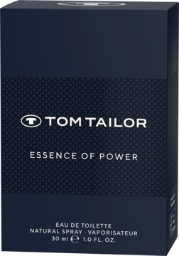 Pionowe ujęcie z przodu perfum Tom Tailor Essence of Power Eau de Toilette w ciemnoniebieskim pudełku 30ml.