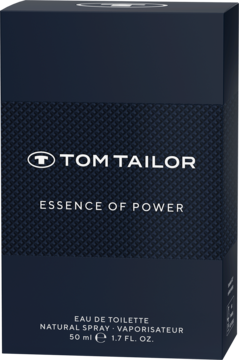 Ciemnoniebieskie pudełko perfum Tom Tailor Essence of Power Eau de Toilette 50ml, widok z przodu.