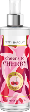 Betty Barclay Cheers to Cherry Body & Hair Splash 250ml, różowa butelka z wiśniami, widok z przodu.