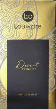 LOU de PRE Desert Princess Eau de Parfum, czarno-złote pudełko z eleganckim, orientalnym wzorem, widok z przodu.