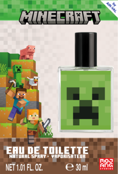 Kwadratowa butelka Minecraft Eau de Toilette z zielonym Creeperem, obok bohaterów gry w pikselowym świecie.