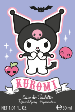 Etykieta perfum Kuromi Eau de Toilette: fioletowe tło, Kuromi w czarnym kapturze, różowe detale, 30 ml.