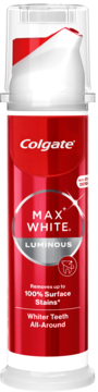Colgate Max White Luminous pasta do zębów w czerwonej butelce z pompką, z przodu, usuwa przebarwienia.