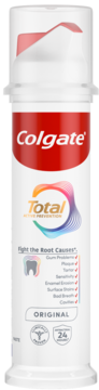 Colgate Total Active Prevention Original pasta do zębów w białej butelce z pompką, ochrona 8 problemów jamy ustnej.