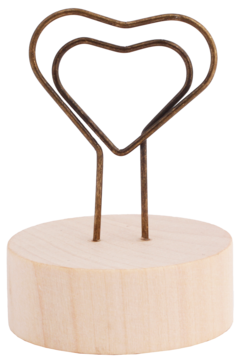 Uchwyt na zdjęcia Happy Color: brązowe metalowe serce z drutu na jasnym drewnianym krążku, widok z przodu.