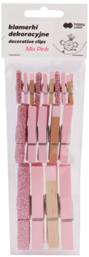 Front opakowania klamerek dekoracyjnych Happy Color Mix Pink, 18 sztuk, w trzech rozmiarach, różowe gładkie i brokatowe.