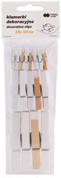 Opakowanie Happy Color 'Mix White' dekoracyjnych klipsów, białe i beżowe, widok z przodu.