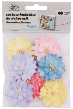 Happy Color zestaw 10 pastelowych kwiatów dekoracyjnych, żółtych, różowych, lawendowych i błękitnych, w folii.