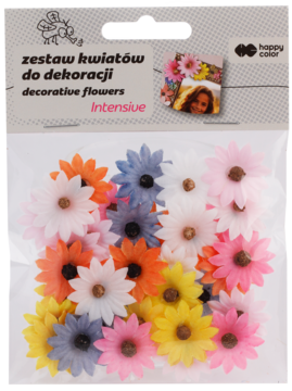 Zestaw 36 mini kwiatów do dekoracji Happy Color, barwne stokrotki w przezroczystej torebce, widok z przodu.
