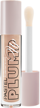 Nawilżający błyszczyk Pastel Plump Up Royal, jasnobeżowy, z różową zakrętką i wyjętym aplikatorem.
