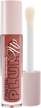 Pastel Plump Up nawilżający błyszczyk powiększający usta Loverdose. Brązowo-różowy z brokatem, z aplikatorem obok.