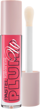 Nawilżający błyszczyk Pastel Plump Up 204 Spicy Sweet. Różowa zawartość w tubce, aplikator obok. Widok z przodu.