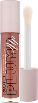 Pastel Plump Up Plumping Gloss w odcieniu Just Natural, brązowo-brzoskwiniowy z różową nakrętką i aplikatorem obok.