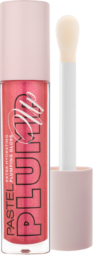 Różowy, nawilżający błyszczyk wypełniający usta Pastel Plump Up Chic. Widok z przodu, tuba z aplikatorem.