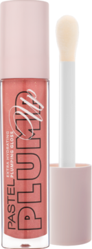 Pastel Plump Up błyszczyk do ust 208 Shimmer Nude, przezroczysta tubka z różową nakrętką i aplikatorem, widok z przodu.