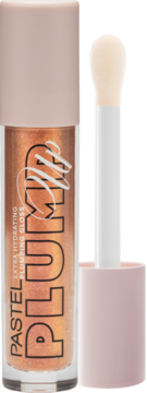 Pastel Plump Up błyszczyk Honey, nawilżający i wypełniający, w złotej tubce z beżowym aplikatorem, widok z przodu.