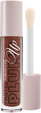 Brązowy błyszczyk Pastel Plump Up 214 Cacao z aplikatorem, widok z przodu, efekt nawilżenia i powiększenia.