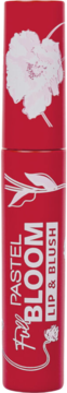 Pastel Full Bloom Lip & Blush w sztyfcie, czerwony, z białymi kwiatowymi wzorami, widok z przodu.