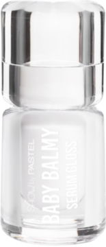 Balsam do ust Pastel Baby Balmy Serum Gloss w przezroczystej butelce z białym płynem, srebrna zakrętka, z przodu.