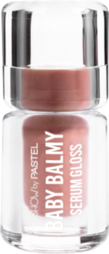 Przezroczysta butelka Pastel Baby Balmy Serum Gloss #31 Flirty, z różowym błyszczykiem i srebrnym korkiem, widok z przodu.