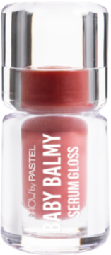 Balsam do ust Pastel Baby Balmy Serum Gloss, przezroczyste opakowanie z różowym serum, srebrną nakrętką, widok z przodu.