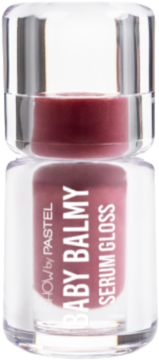 Pastel Show Baby Balmy Serum Gloss, czerwono-różowy błyszczyk w przezroczystej butelce z srebrną nakrętką, widok z przodu.