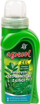 Agrecol nawóz mineralny w zielonej butelce, żel do roślin ozdobnych z liści, widok z przodu.