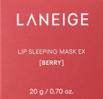 Czerwono-pomarańczowe pudełko Laneige Lip Sleeping Mask EX Berry, 20g, widok z przodu, białe napisy.