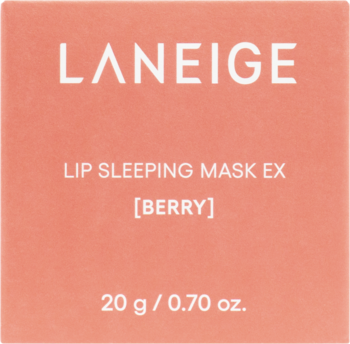 Różowo-koralowe opakowanie Laneige Lip Sleeping Mask EX Berry, maseczka do ust, widok z przodu, 20g.