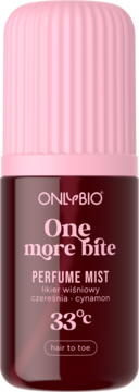 ONLYBIO One more bite Perfume Mist o zapachu wiśni i cynamonu, w ciemnoczerwonej butelce z różową nakrętką, widok z przodu.