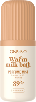 ONLYBIO Warm milk bath Perfume Mist, karmel, miód, wanilia. Biała butelka z pomarańczową zakrętką, do ciała i włosów.