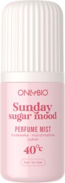 ONLYBIO Sunday Sugar Mood Perfume Mist, truskawka-marshmallow cukier, w jasnoróżowej butelce, widok z przodu.