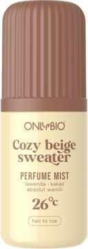 ONLYBIO Cozy beige sweater Perfume Mist (lawenda, kakao), kremowa butelka z brązową ryflowaną nakrętką.