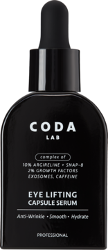 Coda Lab Eye Lifting Capsule Serum z Argireliną i Kofeiną w czarnej butelce z zakraplaczem, widok z przodu.