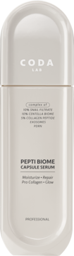 Coda Lab PEPTI BIOME CAPSULE SERUM w jasnobeżowej butelce, frontalnie. Nawilża, ujędrnia, rozświetla skórę.