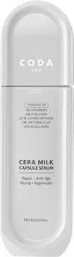 Biała, podłużna butelka Coda Lab Cera Milk Capsule Serum z przodu, z opisem Repair, Anti-Age, Plump.