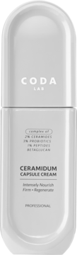 Coda Lab Ceramidum Capsule Cream, odżywczy krem z ceramidami i probiotykami w białej, kapsułkowej butelce.