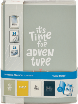 Zestaw albumów Hama Softcover 12,5x16,8 cm, jasnoszary z napisem 'Time for ADVENTURE', widok 4 wzorów, na zdjęcia 10x15.