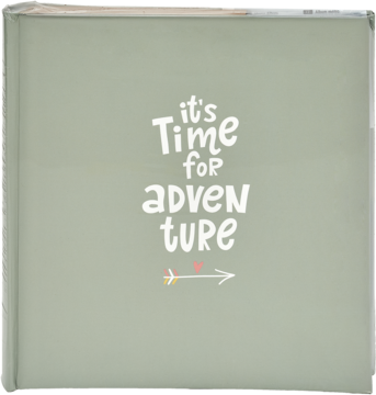 Jasnozielony planner z białym napisem 'it's Time for adventure' i strzałką z sercem, widok z przodu.