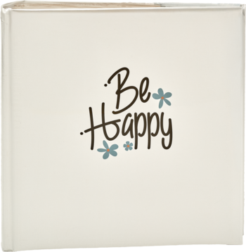 Kwadratowa, kremowa tabliczka z napisem "Be Happy" w brązowym kolorze, ozdobiona niebieskimi kwiatami.