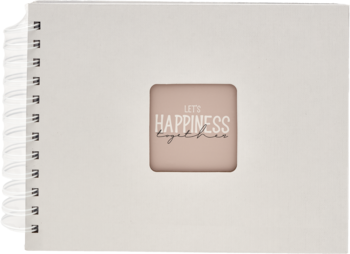 Jasnobeżowy notes spiralny, widok z góry. Biały grzbiet. Na okładce brązowa etykieta z białym napisem: "LET'S HAPPINESS together".