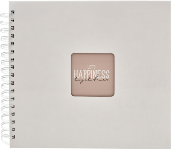 Kwadratowy beżowy album ze spiralnym grzbietem, widok z przodu, z napisem "LET'S HAPPINESS begin here" w różowej ramce.